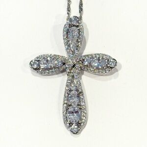 FZN Sterling Silver 925 CZ Stones Sparkly Cross Pendant Necklace Religious